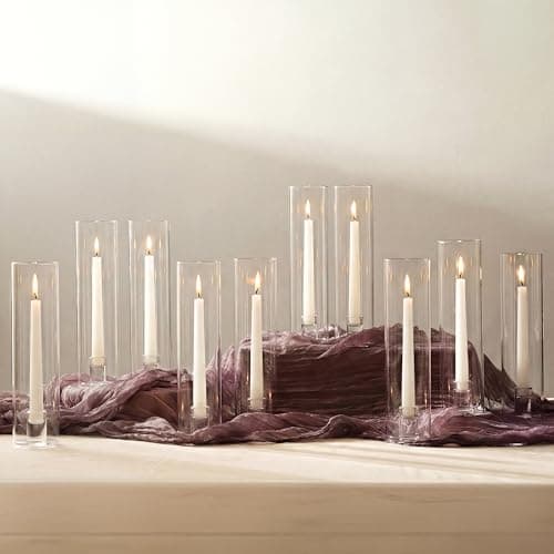 Image of NUPTIO Hurricane Taper Candle Holder - 10 Pcs Glass Candle Stick Stands Pack Clear Glass Hurricane Candlestick Shade for Tapered Candles Modern for Wedding Christmas Table Dinner Fireplace