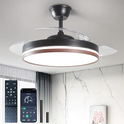 Image of Depuley Fandelier Ceiling Fan with Light: 42" Retractable Ceiling Fans with Lights and Remote & APP Control 6 Speeds - Dimmable LED Chandelier Invisible Fan Reversible for Living Room Black + Walnut