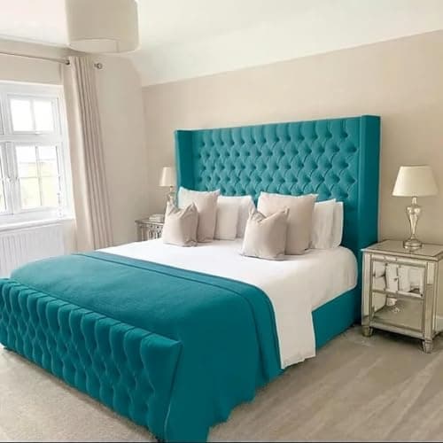 Image of Bespoke Chesterfield Plush Velvet Cannas Wingback Bed - Mattress/Gas Lift Options - UK Made - Double/King/Super King (Teal Plush, Double 4ft6 Bed Frame)