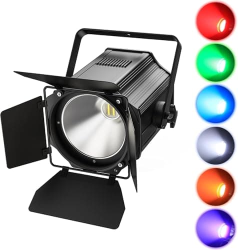 Image of Erreyht 200W LED Par COB RGBWA+UV Stage Lights with Adjustable Barn Doors, Warm-Cold White Strobe Lighting DMX512/Auto/Sound Disco Light for Party DJ Drama Exhibition Concert Wedding