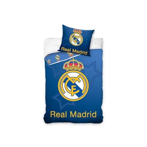 Image of Real Madrid CF Crown Logo Football Themd Single 100% Cotton Reversible Duvet Cover and Pillowcase Set for Boys Teenagers Sport Fans in Blue (RM-1031)
