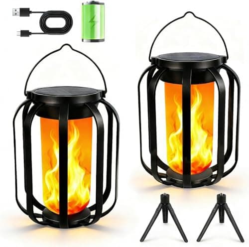 Image of 2 Pack Solar Flame Lanterns Outdoor, Hanging Standing Dual Use, Solar USB Rechargeable, IP65 Waterproof, Garden Camping Festival Lights, Solar Patio Lanterns