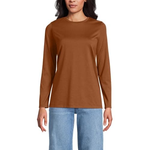 Image of Lands' End - Women’s Long Sleeve Crew Neck Orange T-Shirt - Size S - 100% Supima Cotton Jersey - Long Sleeves - Easy Care - Relaxed Fit - Ladies Tops, Women's Clothing