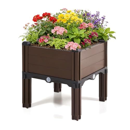 Image of Warmiehomy Raised Garden Kits, 30x30x33cm Elevated Planter Box Beds with Legs, Self Watering PP Garden Raised Bed Outdoor for Flowers, Vegetables, Fruits, Brown