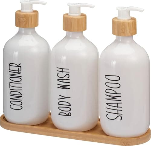 Image of Envenzo Glass Soap Dispenser Set with Bamboo Tray, Black, White, 500ml Bottles for Shampoo Conditioner Body Wash, 4 Piece (White)