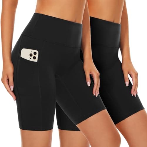 Image of SIMIYA Cycling Shorts Women High Waist Tummy Control Short Leggings with Pockets Soft Comfort Pants Stretch Tights for Running Gym Yoga(2 Pack Black,L)