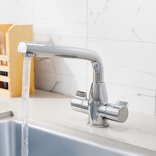 Image of Kitchen Sink Mixer Tap Swivel Spout Twin Handles Durable Monobloc