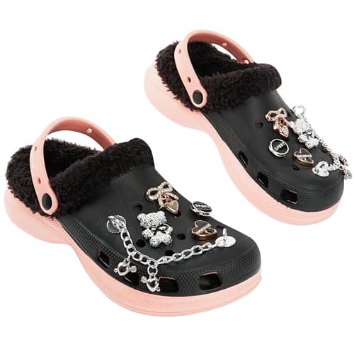 Image of CityComfort Clogs for Girls, Winter Slippers with Removable Fleece & Charms, House Mules & Garden Shoes with Adjustable Strap (12 UK, Black)