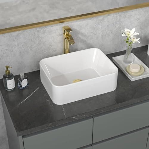 Image of Sarlai Ceramic Bathroom Sink, Cloakroom Basin, Modern Design Gloss White Countertop Basin, Rectangular Ceramic Wash Basin for Bathroom, Vanity Cabinet, and Toilet 40 x 30 x 13 cm