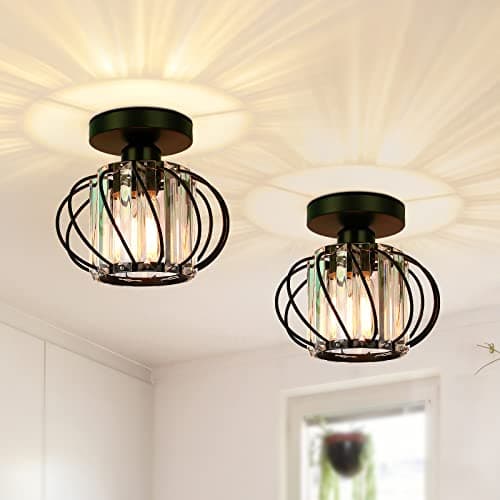 Image of FRIDEKO HOME Modern Crystal Ceiling Light Fixture- Industrial 2 Pack Mini Semi Flush Mount Ceiling Lighting LED Crystal Chandeliers Fitting for Kitchen Hallway Dining Rooms Living Room - Black