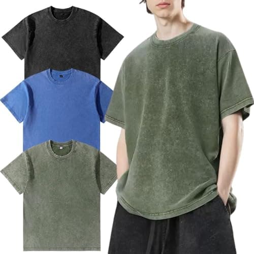 Image of Men’s Oversized T-Shirt,Pack of 3, Men's Basic Cotton T-Shirt Summer,Retro Washed Top, Unisex Fashion, Hip Hop Vintage Casual Tee Shirts Black Blue Green 3XL
