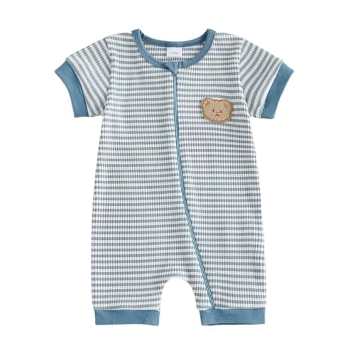 Image of JCOPLY Newborn Baby Grow Boy One Piece Summer Outfit Cute Bear Embroidery Short Sleeve Zip Up Striped Rompers Knitted Jumpsuit 0-18M Boys Playsuit (Blue, 0-3 Months)