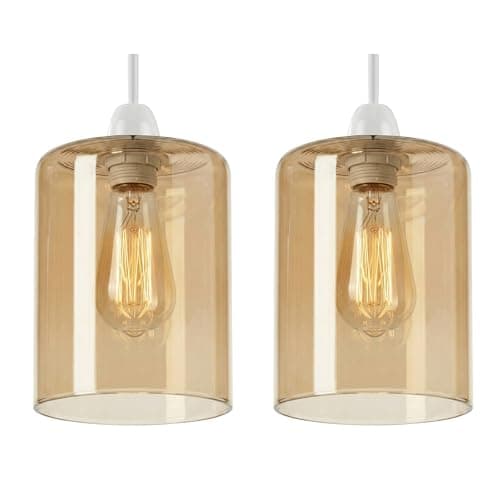 Image of Amber Glass Lamp Shade E27 Pendant Light Shade Ceiling Lampshade 10cm Diameter 12cm Height Vintage Cylinder Glass Light Shade Replacement for Hanging Light Kitchen Bedroom Living Room (Pack 2)
