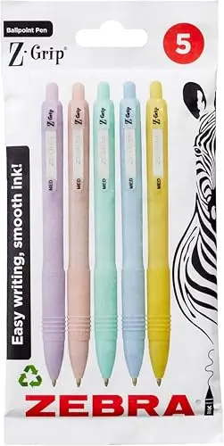 Image of Zebra Pen Z-GRIP Smooth Ballpoint Pens Black Ink 5pk - Pastel Barrel 1mm Medium Point Retractable Ink Pens with Clip - Smooth Writing Pens with Low Viscosity Ink, Comfort Grip - 5 Pens Multipack