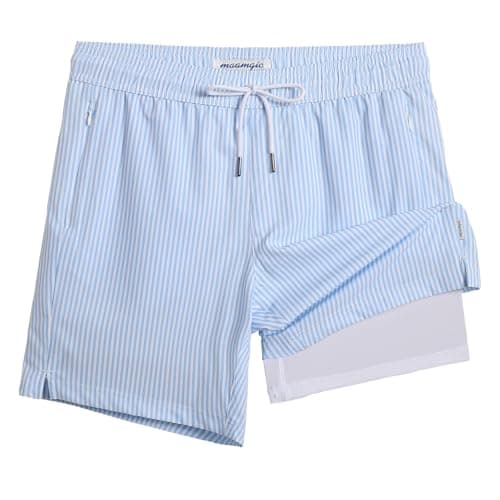 Image of MaaMgic Mens Swimming Shorts with Compression Liner Men's Swim Trunks 2 in 1 Quick Dry Stretchy Board Shorts with Zipper Pockets Blue Stripe-White