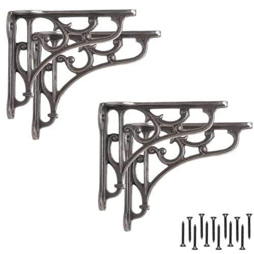 Image of EDUWURXS Industrial Cast Iron Ornate Shelving Brackets | Heavy Duty Wall Brackets for Shelves, Kitchen Shelves & Living Room 3x4 (Pack of 4)
