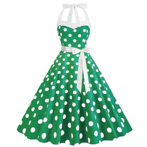Image of Women's Vintage Rockabilly Dress 1950s Cocktail Party Dress Polka Dot Halter Neck Sleeveless Retro Dresses A Line Swing Flowy Tea Dress Audrey Hepburn 50s 60s Dance Gown Sale Clearance Green