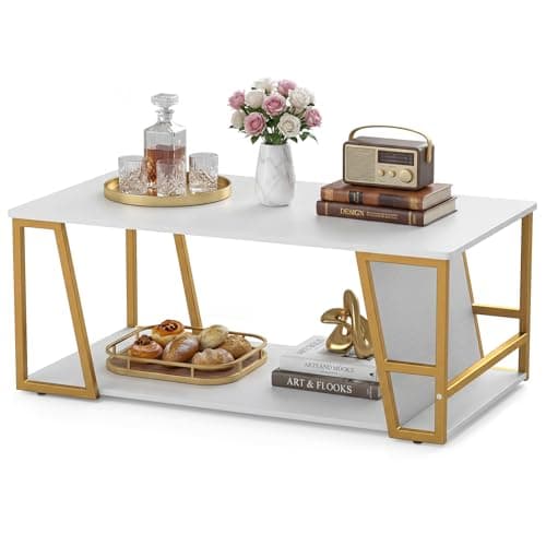 Image of COSTWAY 2-Tier Coffee Table, Wooden Cocktail Center Table with Storage Shelf and Open Compartment, Metal Frame Rectangle Accent Sofa Side Tea Tables for Living Room Office, 100x56x40cm (White+Gold)