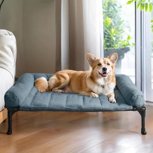 Image of Veehoo Elevated Dog Bed with Removable Bolster - Fluffy Raised Pet Cot with Cushion, No-Slip Feet for Indoor Outdoor Use - Haze Blue 81 x 64 x 18 cm