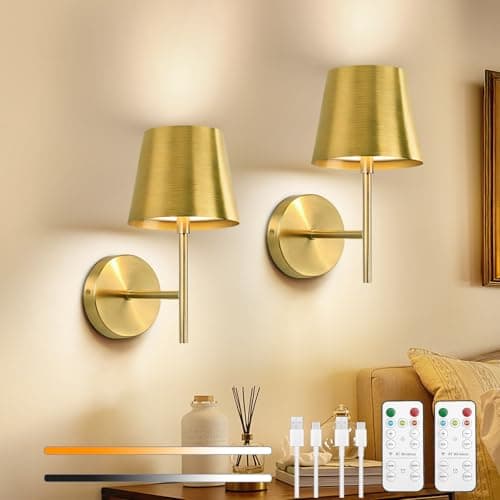 Image of Dehobo Rechargeable Wall Lights Gold Set of 2, Battery Operated Wall Lights Dimmable 3 Colors with Remote, 5200mAh Metal LED Wireless Wall Lamps for Bedroom, Dining, Hallway, Staircase, Night Light
