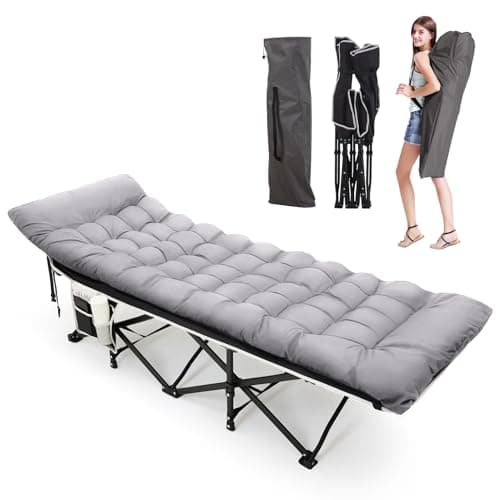 Image of Warmiehomy Folding Camp Bed for Adults with Mattress, Double Layer 1200D+600D Foldable Camping Cot with Side Pocket, Support 616 LBS, Lightweight Portable Single Bed for Picnic, Nap, Garden (Grey)