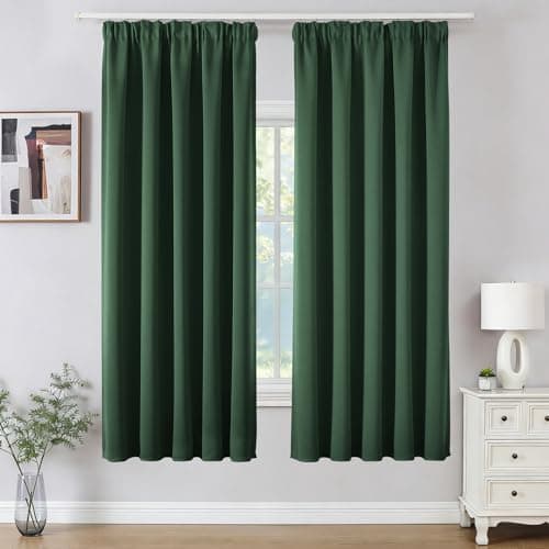 Image of Joydeco Pencil Pleat Blackout Curtains W46 x L72 Inch 2 Panels for Ceiling Track Rail, Pair of Bedroom Window Curtains 183cm Length with Rod Pocket for Room Darkening - Dark Green