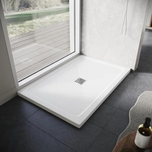 Image of ELEGANT SMC Shower Tray 1200 x 900 x 40 mm Rectangle White Durable Shower Tray with Non-Slip Flat Stone Look for Shower Enclosure Cubicle and Wet Bathroom + Waste Trap