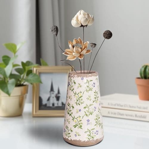 Image of CASANIA Ceramic Vintage Chinoiserie Flower Vase with Retro Ice Cracked and Hand-Painted Floral Design Green and Beige Antique Porcelain Vase for Mother, Home Decors, Living Room, Office, Wedding