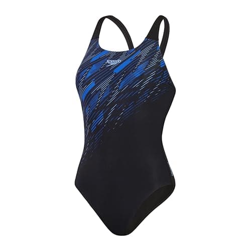 Image of Speedo Women's Hyperboom Placement Muscleback Swimsuit | Quick Drying | Training | Fitness | Chlorine Resistant Swimwear, Black/Curious Blue/True Co, 32