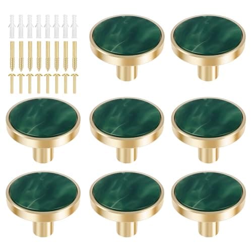 Image of YUNYOUC 8Pcs Drawer Knob Set, Zinc Alloy Round Dresser Knob with Screws, Gold Single Hole Drawer Pull Handle, Decorative Exquisite Furniture Handle for Wardrobe, Cabinets, Doors (Green)