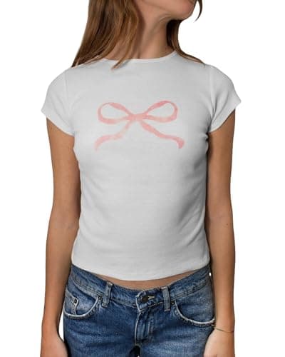 Image of Women's Y2K Baby Tees Casual Slim Fit Bow Fruit Graphic Print Crop Tops Summer Round Neck Cap Sleeve Going Out Tops (A-Pink, XL)
