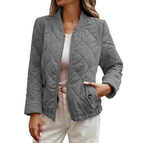 Image of Women's Quilted Jacket - Lightweight Puffer Coats, Long Sleeve V Neck Zip Up Jackets, Padded Winter Warm, Ladies Loose Fit Comfy Tops, Windproof, Solid Color, Walking Climbing Running Outwear Uk