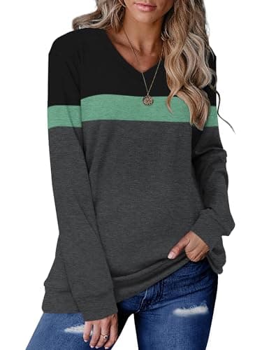 Image of KISSMODA Womens Sweatshirts Long Sleeve V Neck Pullover Casual Loose Trendy Tunic Tops Fall Jumpers Shirts Blackgreen