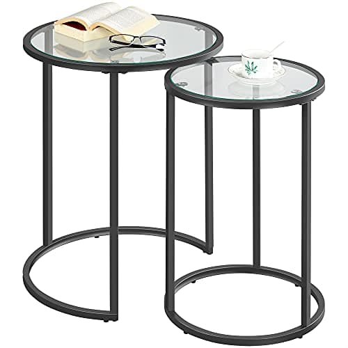 Image of Yaheetech Round Nesting Table, Set of 2 Coffee Table with Glass Top, End Side Table with Metal Frame for Living Room/Bedroom/Reception, Black, 49.5 x 49.5 x 59 cm