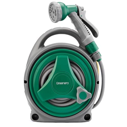 Image of Garden Hose Reel 14M, 12m Water Pipe +2m Leader Hose, Hose Pipe Reel with 8 Adjustable Spray Gun Nozzles, Manual Retractable Garden Water Hose Reel,Outdoor Hose Reel Set for Garden Patios,Balconies