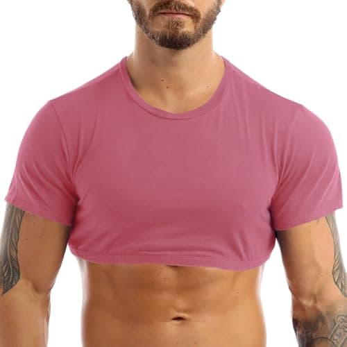 Image of Men Muscle Fit Crop Top Short Sleeve Fitness Cropped T Shirt Pink M