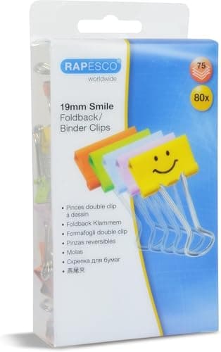 Image of Rapesco 1428 19mm Smile Foldback Clips, Assorted Colours, Pack of 80