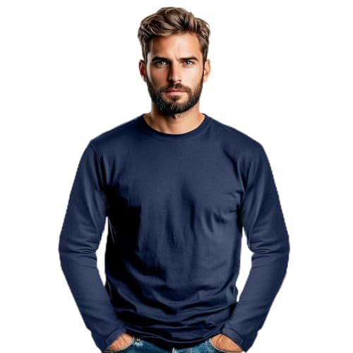 Image of Men’s 100% Soft Organic Cotton Navy Blue Long Sleeve T-Shirt Crew Neck Casual Training Hiking Workout Athletic Tee (Navy, M)