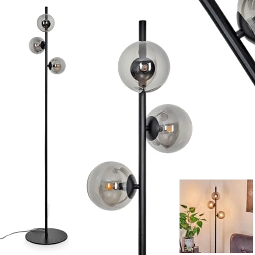 Image of hofstein Remaisnil Floor Lamp, Modern Floor Lamp Made of Metal/Glass in Black/Smoked Glass, Floor Lamp with Glass Shades (Diameter 12 cm), with Foot Switch on Cable, 3 x G9, Bulbs Not Included