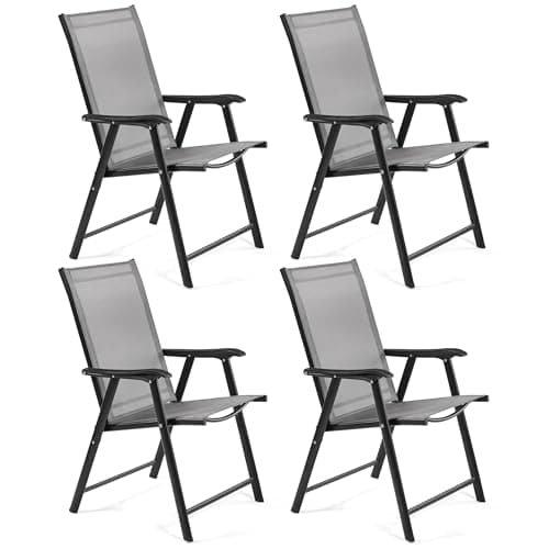 Image of Yaheetech Garden Folding Dining Chairs Set of 4 with Backrest, Armrests, All Weather Patio Chairs Steel Frame 4 Pack for Garden, Lawn, Porch, Backyard, Poolside, Grey