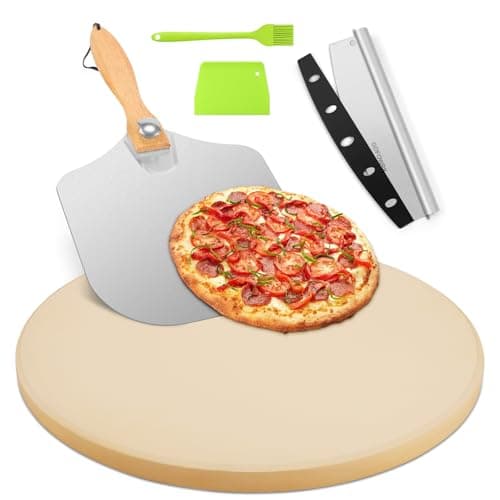 Image of GOFOWRK Pizza Stone 5 PCS Set, 38 cm Large Round Pizza Stone Set for Oven & Outdoor Grill with Metal Pizza Peels & Cutter Rocker, 1.5 cm Thickened Stone Pizza Pan, Grill Baking Stone for Pizza, Bread