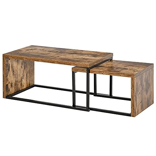 Image of HOMCOM Nesting Coffee Table Set of 2, Industrial Stacking Side End Tables with Metal Frame for Living Room, Bedroom, Rustic Brown