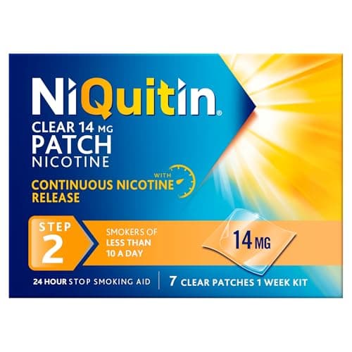 Image of NiQuitin 14mg Nicotine Patches (Step 2 - 7 Clear Patches) - 24 Hour Craving Control - 1 Week Treatment Patches to Quit Or Reduce - Discreet Transparent Stop Smoking & Vaping Aids