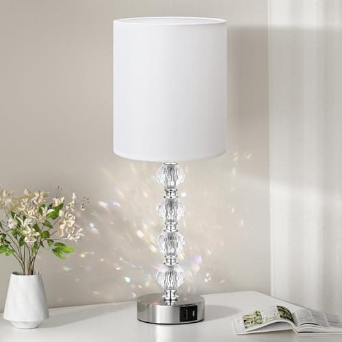 Image of Aooshine Crystal Touch Lamp, 47‘H Bedroom Lamp with White Fabric Shade(Bulb Included)