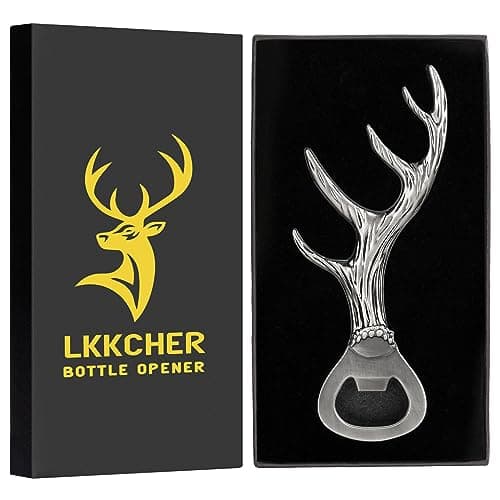 Image of LKKCHER Deer Reindeer Antlers Beer Bottle Opener, Father's Day & Christmas Gifts for Men, Women & Hunters, Dark Silver