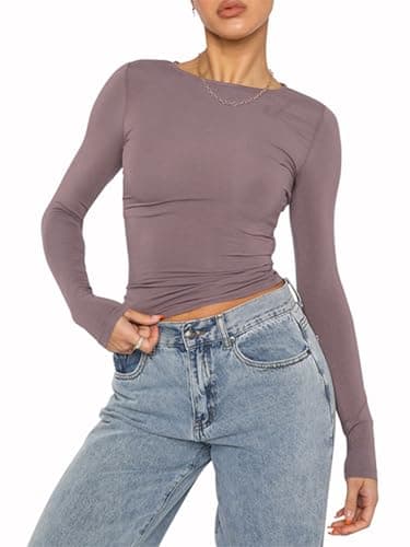 Image of OYIGELZ Long Sleeve Shirt Women's Basic T-Shirt Crop Top Y2K Slim Fit Casual Tee Tops(Metallic Pink-d,L)