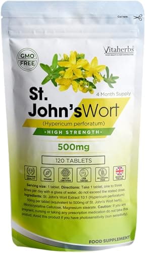 Image of St John's Wort 500mg - 120 Tablets | 4 Month Supply | High Strength | Vegan | Lab Tested | Allergen Free | Made in The UK - Vitaherbs