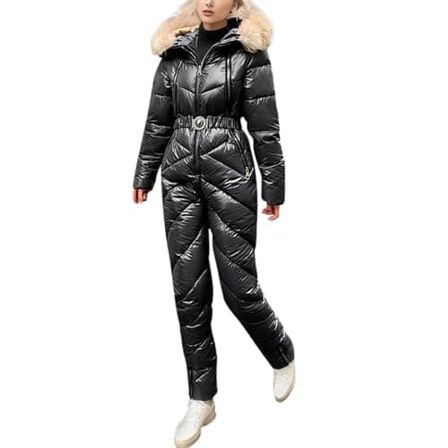 Image of Women Solid Casual Thick Hot Snowboard Skisuit Outdoor Sports Zipper Padded Jumpsuit Hooded Ski Suit Clothes Teen Girls Women Winter Outdoor Warm Casual Solid Quilted Coat with Hood for (Black, M)