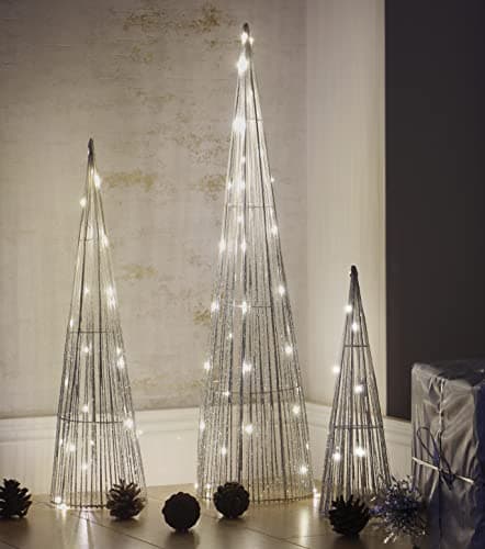 Image of Marco Paul Set of 3 Light Up Cone Trees – Large Pre-Lit LED Christmas Decorations Indoor Xmas Décor – Silver Glitter Artificial Trees with Lights Battery Powered Holiday Decor