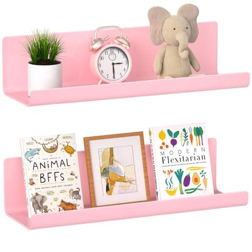 Image of WELDUN Floating Shelves, Set of 6 Wall Mounted Shelf, Picture Ledge Display, Decorative Wall Shelves for Living Room, Bedroom, Bathroom, Kitchen, Home Office, Laundry room, Plastic, Pink